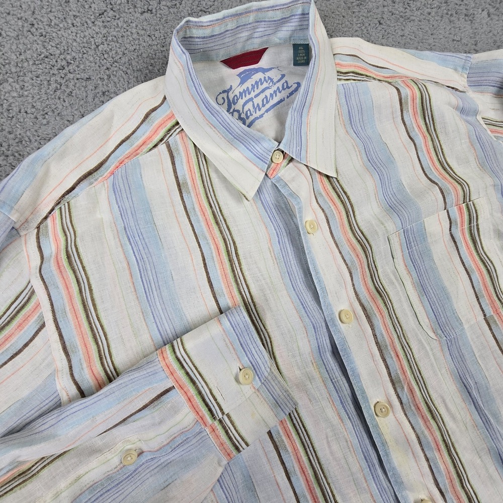Tommy Bahama Hawaiian Shirt Mens XL Linen Multicolor Stripe Button Up‎